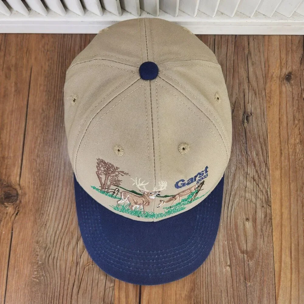 VTG Garst Seed Company 2003 Deer Meadow Snapback Hat Cap Beige Blue Farmer Buck